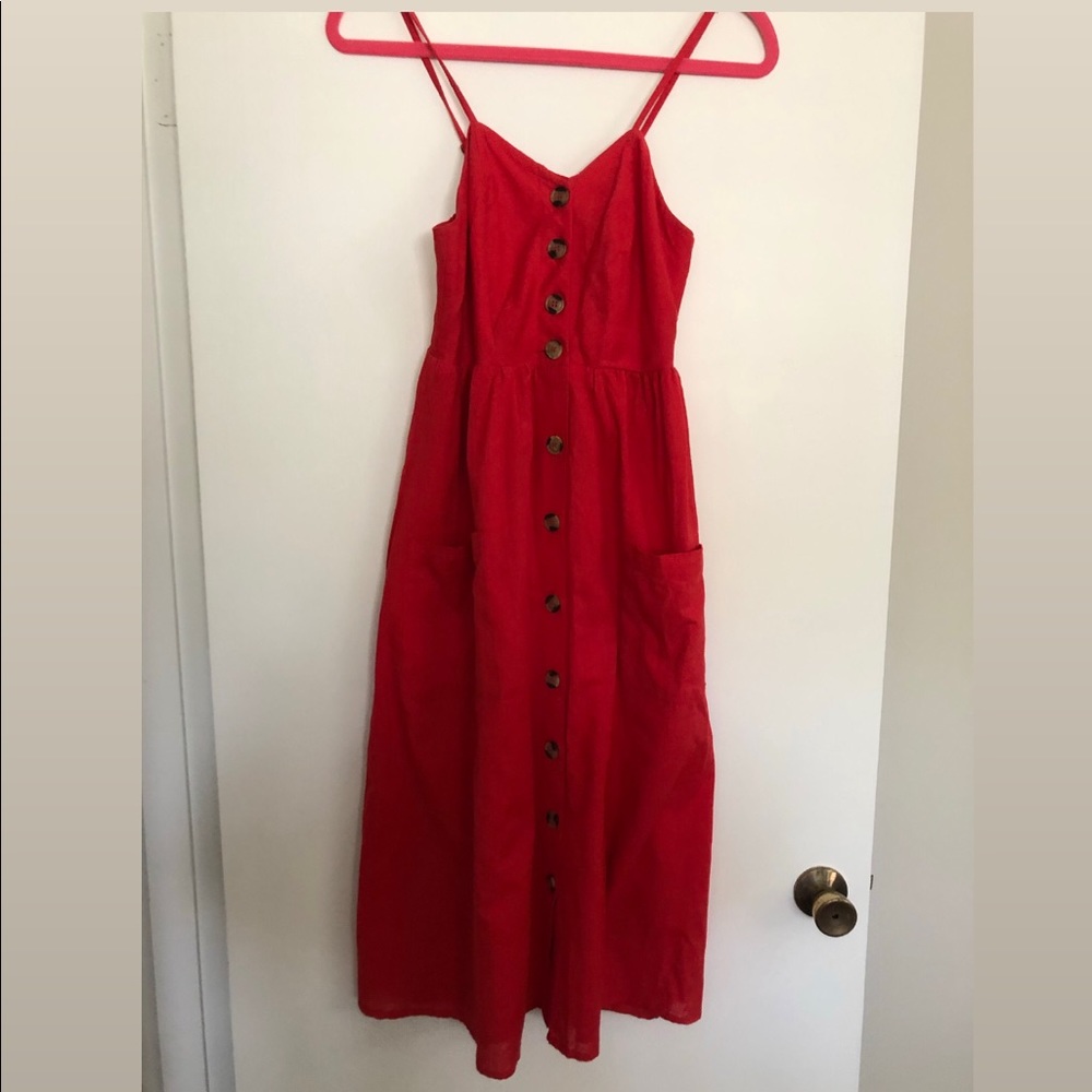 Red Linen Midi Dress